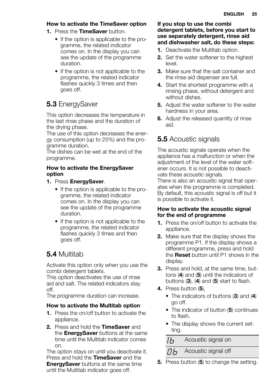 3 energysaver, 4 multitab, 5 acoustic signals | Electrolux ESL6391RA User Manual | Page 25 / 72