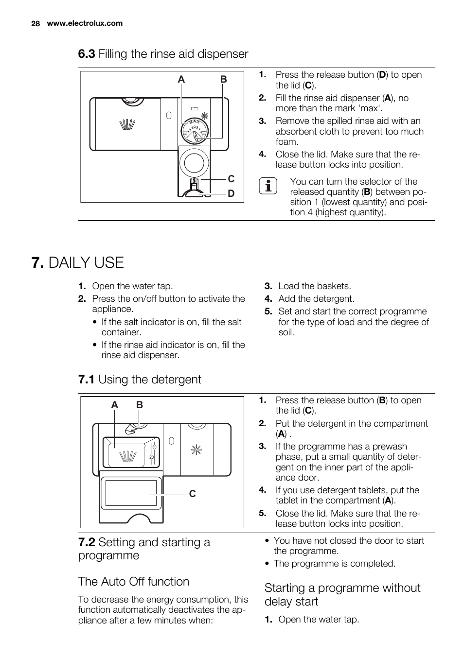 Daily use, 3 filling the rinse aid dispenser, 1 using the detergent | Starting a programme without delay start, Ab d c, Ab c | Electrolux ESL6391RA User Manual | Page 28 / 72