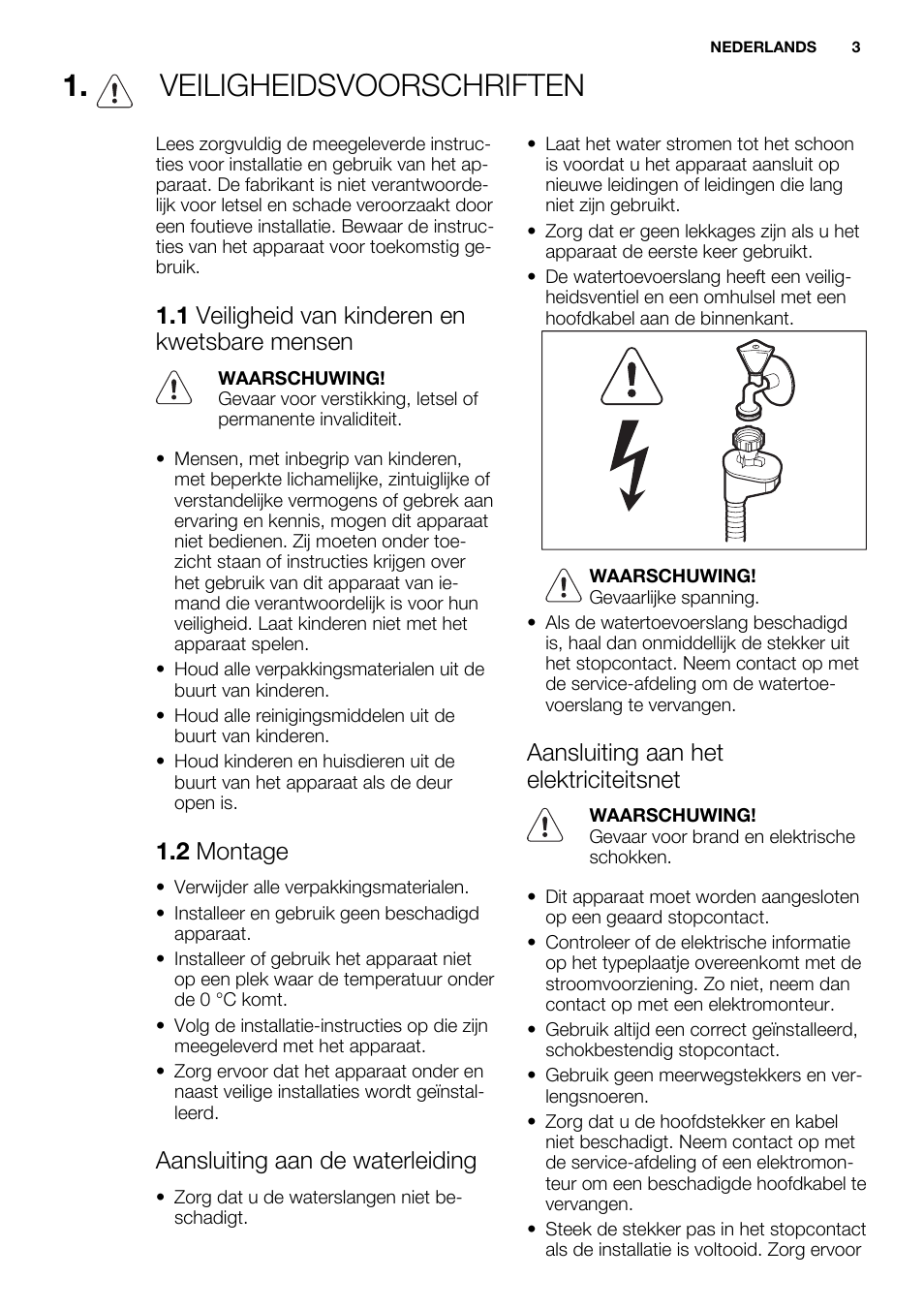 Veiligheidsvoorschriften, 1 veiligheid van kinderen en kwetsbare mensen, 2 montage | Aansluiting aan de waterleiding, Aansluiting aan het elektriciteitsnet | Electrolux ESL6391RA User Manual | Page 3 / 72