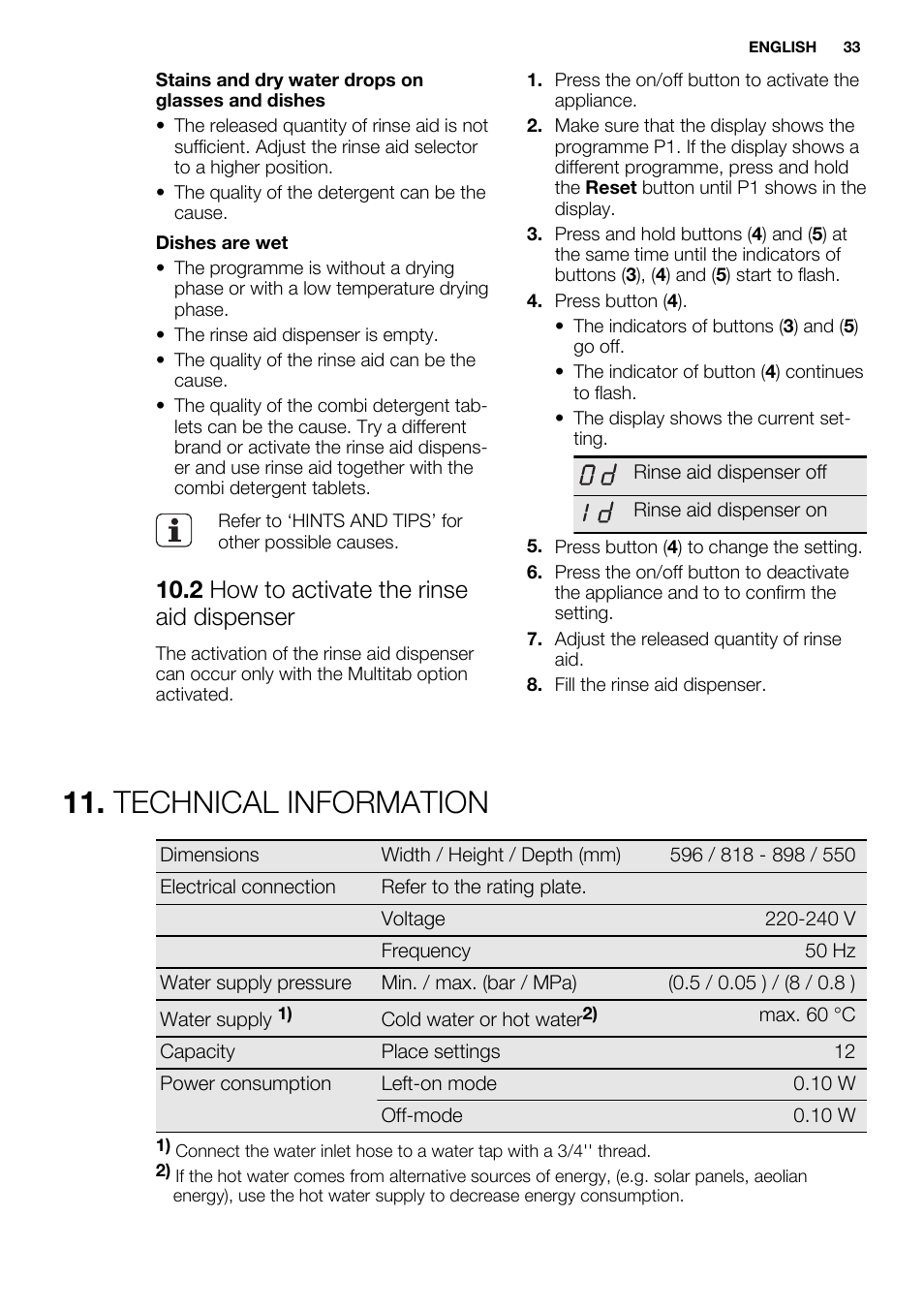 Technical information, 2 how to activate the rinse aid dispenser | Electrolux ESL6391RA User Manual | Page 33 / 72