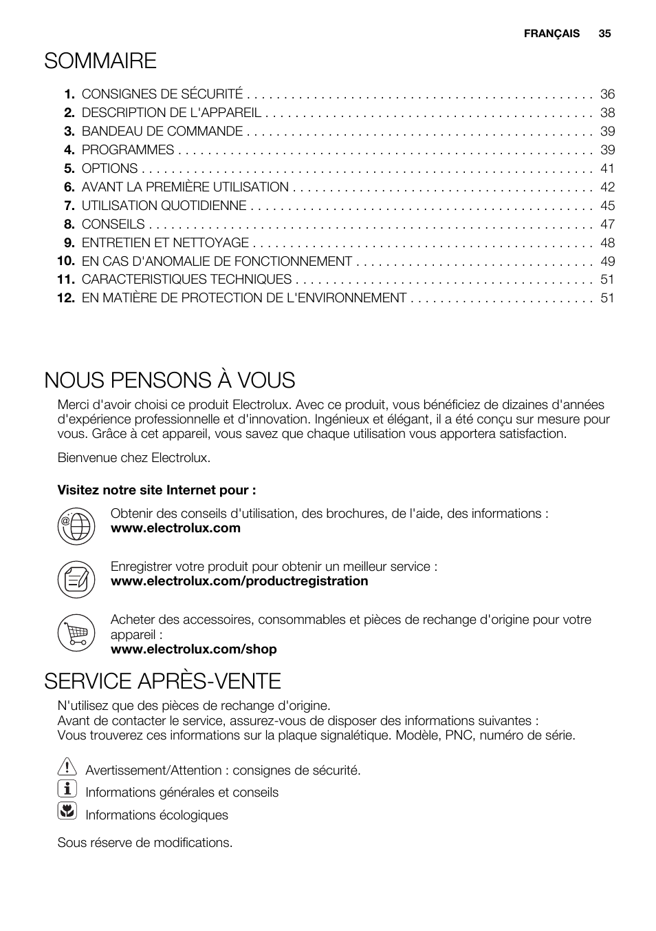 Sommaire, Nous pensons à vous, Service après-vente | Electrolux ESL6391RA User Manual | Page 35 / 72