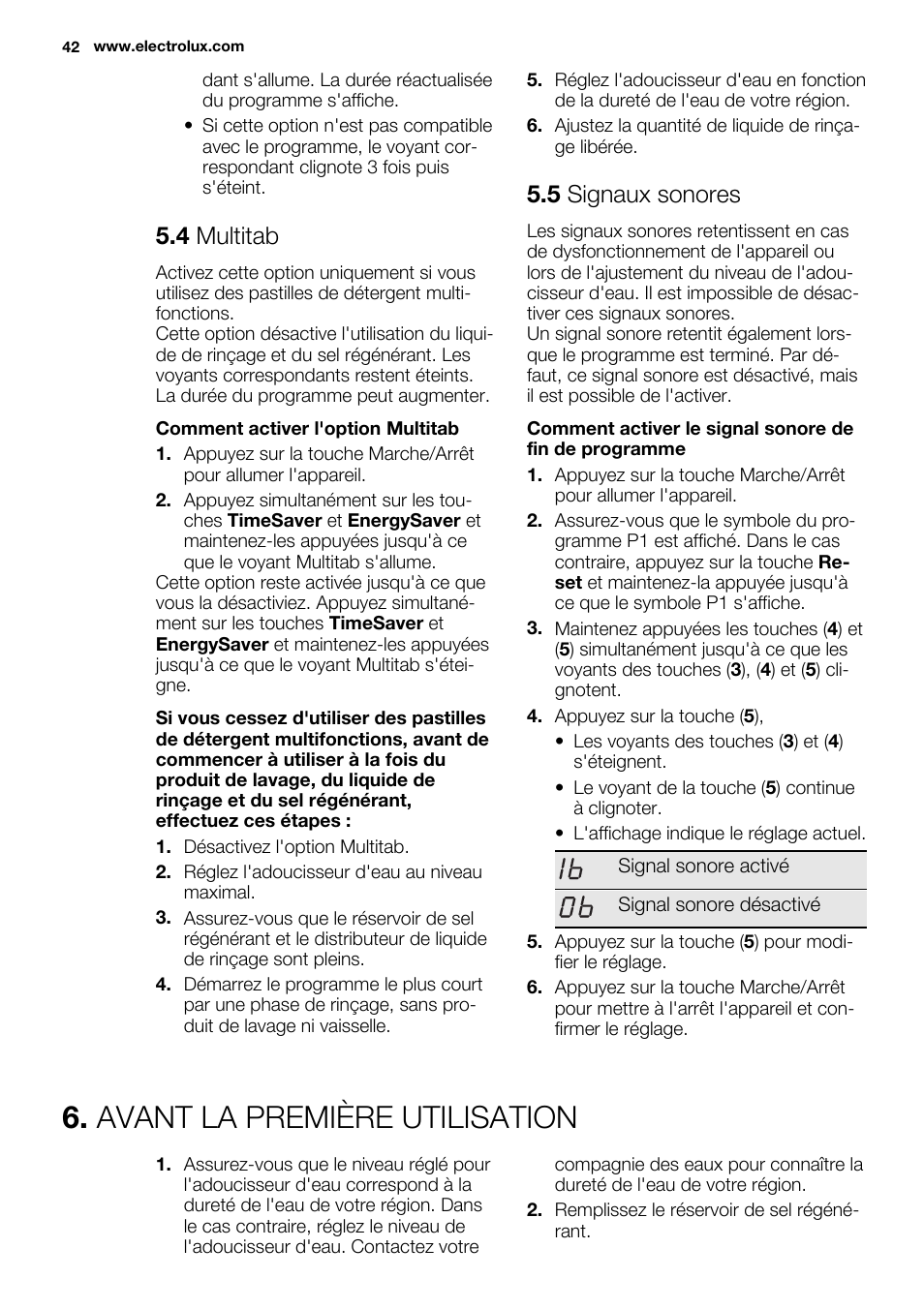 Avant la première utilisation, 4 multitab, 5 signaux sonores | Electrolux ESL6391RA User Manual | Page 42 / 72