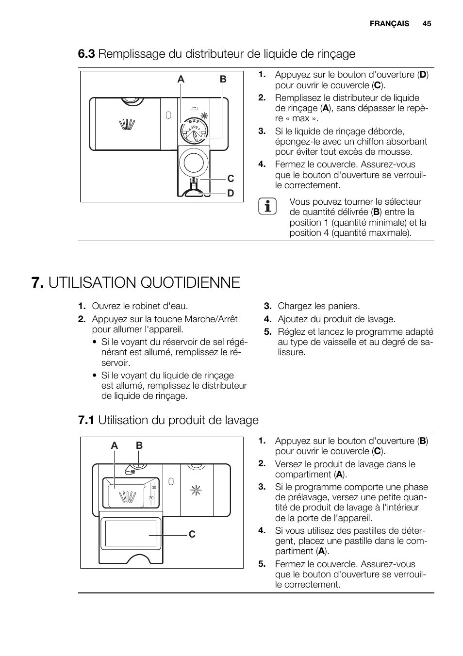 Utilisation quotidienne, 1 utilisation du produit de lavage, Ab d c | Ab c | Electrolux ESL6391RA User Manual | Page 45 / 72