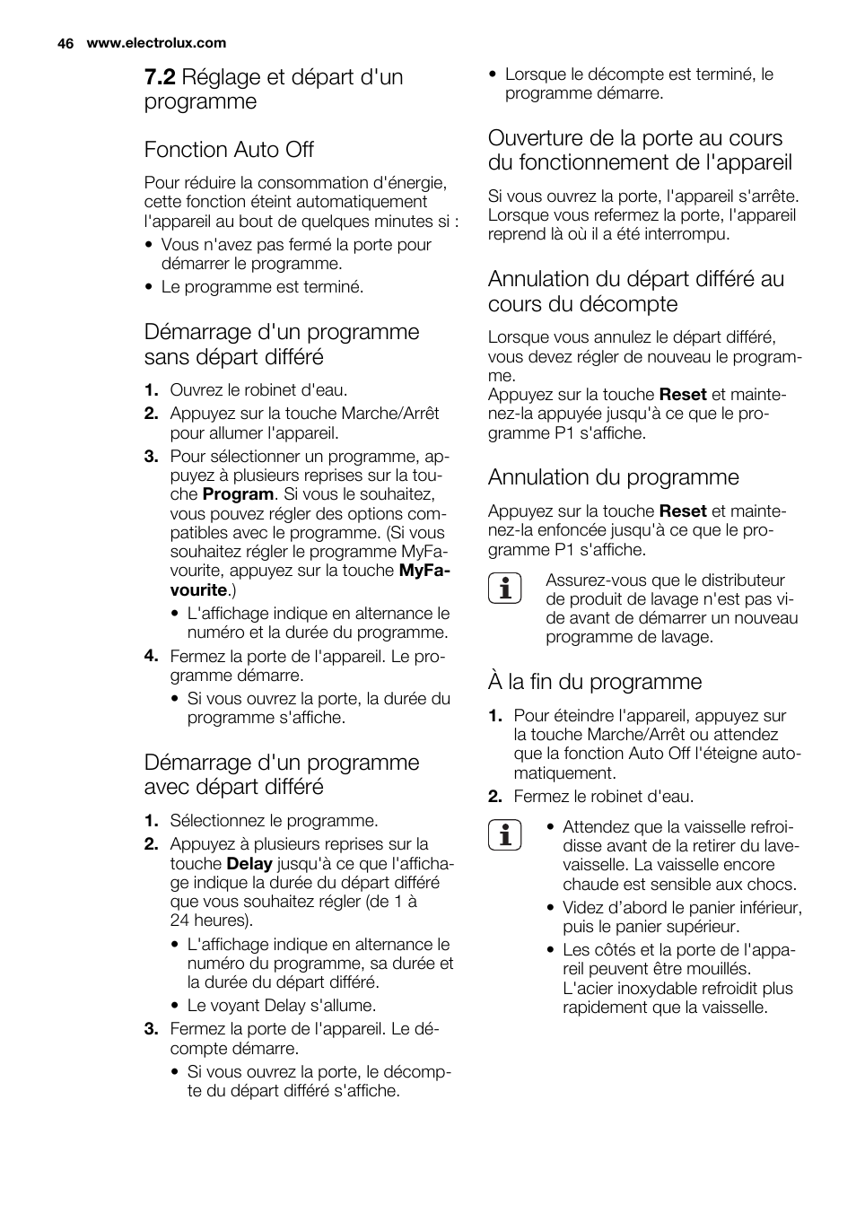 Démarrage d'un programme sans départ différé, Démarrage d'un programme avec départ différé, Annulation du départ différé au cours du décompte | Annulation du programme, À la fin du programme | Electrolux ESL6391RA User Manual | Page 46 / 72