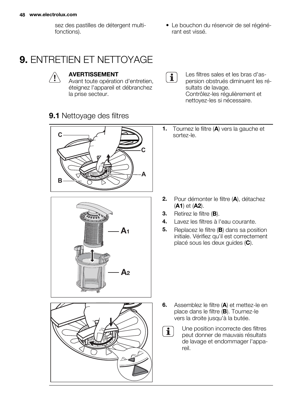 Entretien et nettoyage, 1 nettoyage des filtres | Electrolux ESL6391RA User Manual | Page 48 / 72