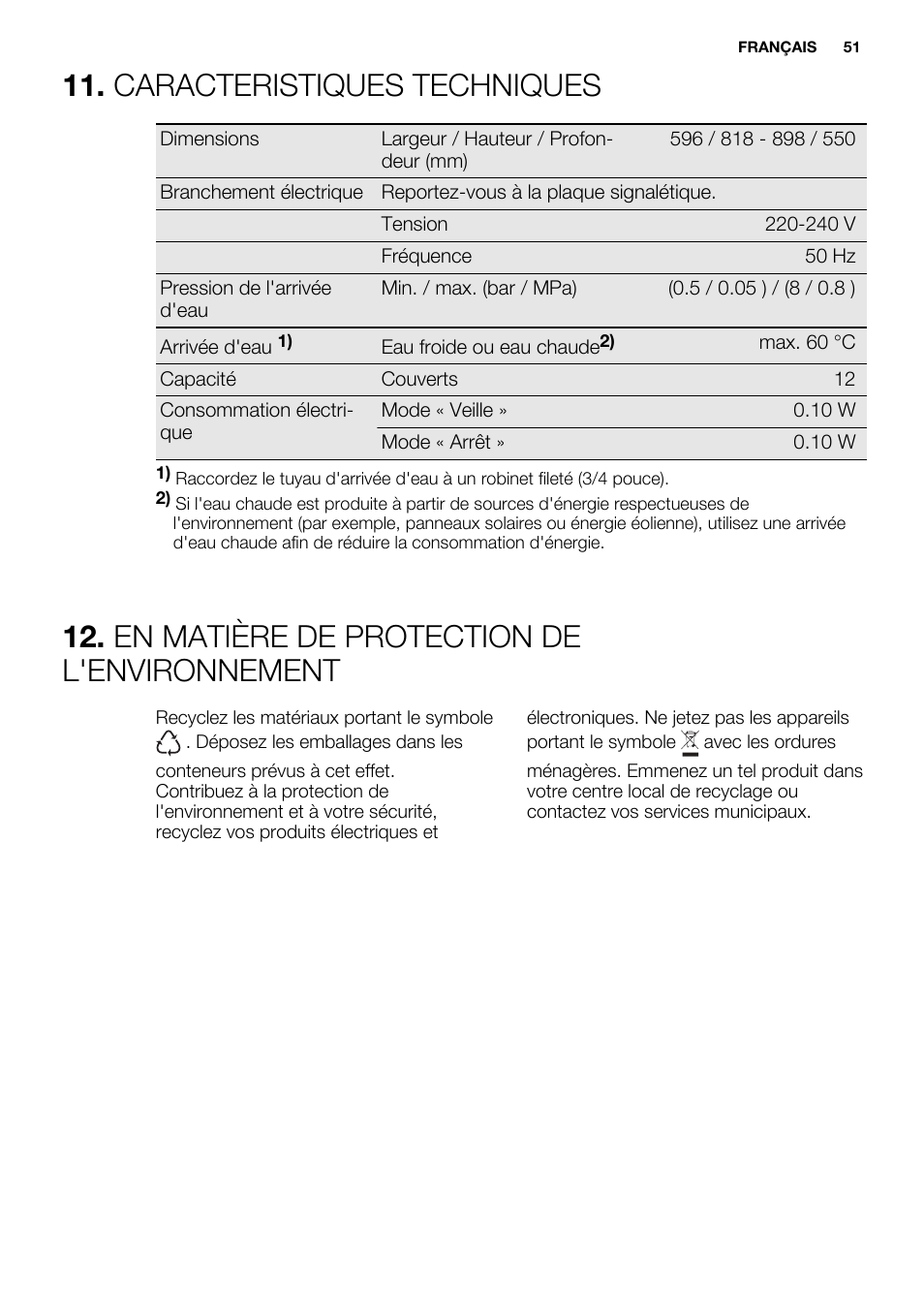 Caracteristiques techniques, En matière de protection de l'environnement | Electrolux ESL6391RA User Manual | Page 51 / 72