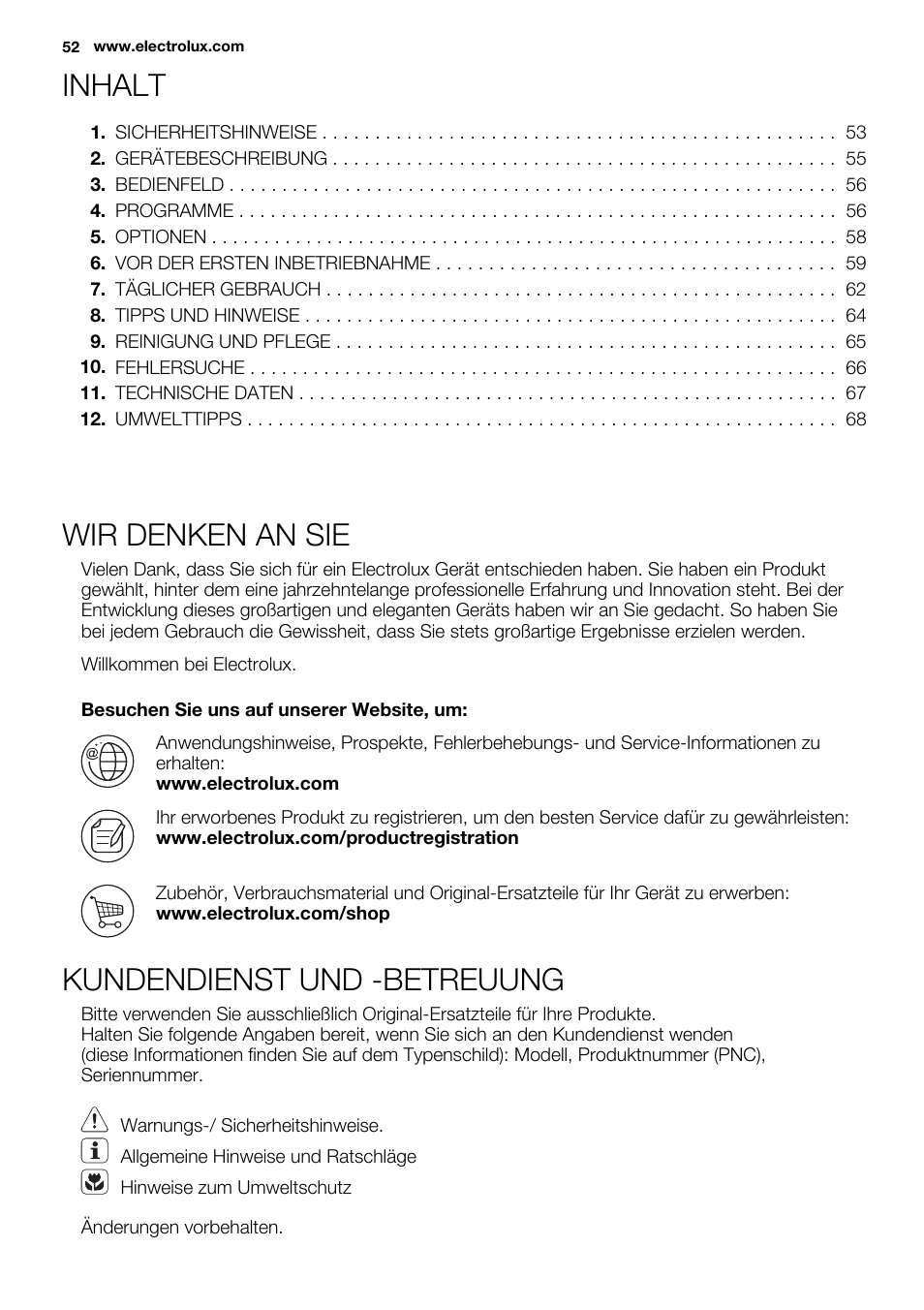 Inhalt, Wir denken an sie, Kundendienst und -betreuung | Electrolux ESL6391RA User Manual | Page 52 / 72