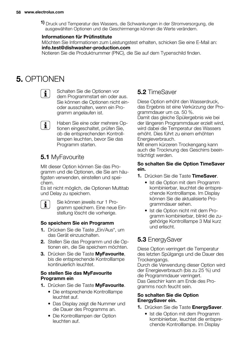 Optionen, 1 myfavourite, 2 timesaver | 3 energysaver | Electrolux ESL6391RA User Manual | Page 58 / 72