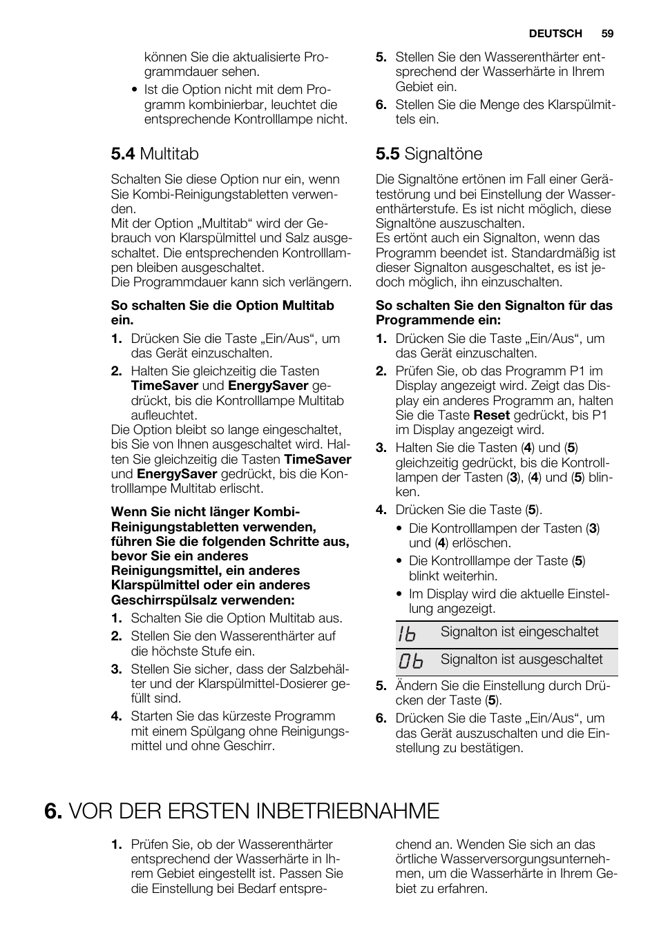 Vor der ersten inbetriebnahme, 4 multitab, 5 signaltöne | Electrolux ESL6391RA User Manual | Page 59 / 72