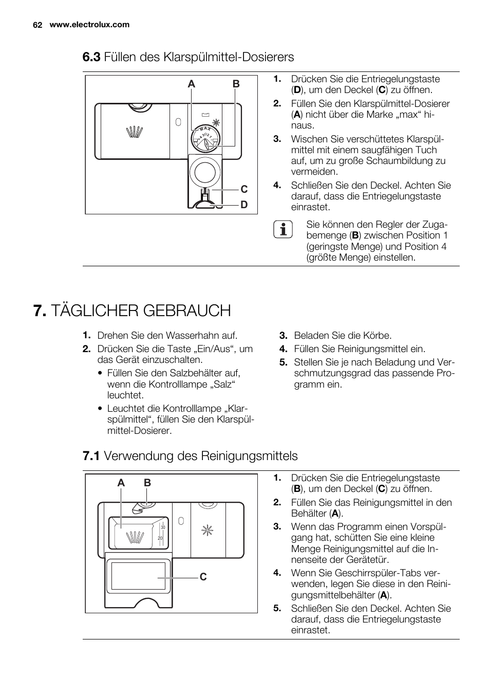 Täglicher gebrauch, 3 füllen des klarspülmittel-dosierers, 1 verwendung des reinigungsmittels | Ab d c, Ab c | Electrolux ESL6391RA User Manual | Page 62 / 72