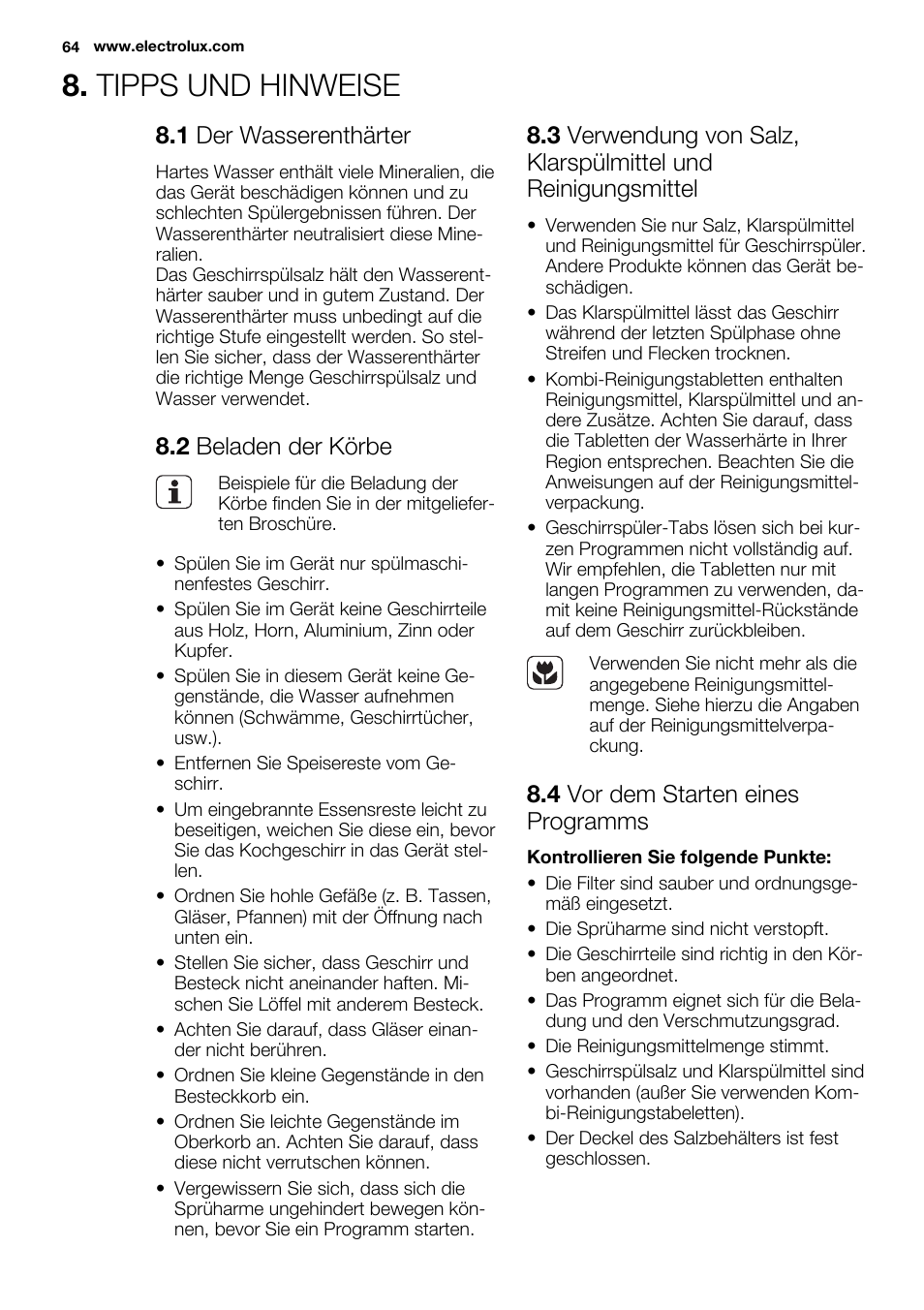 Tipps und hinweise, 1 der wasserenthärter, 2 beladen der körbe | 4 vor dem starten eines programms | Electrolux ESL6391RA User Manual | Page 64 / 72