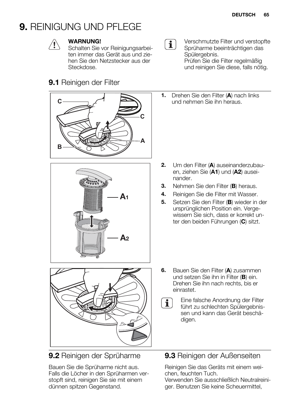 Reinigung und pflege, 1 reinigen der filter, 2 reinigen der sprüharme | 3 reinigen der außenseiten | Electrolux ESL6391RA User Manual | Page 65 / 72