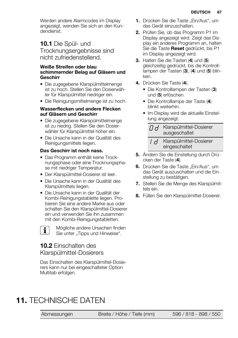 Technische daten, 2 einschalten des klarspülmittel-dosierers | Electrolux ESL6391RA User Manual | Page 67 / 72