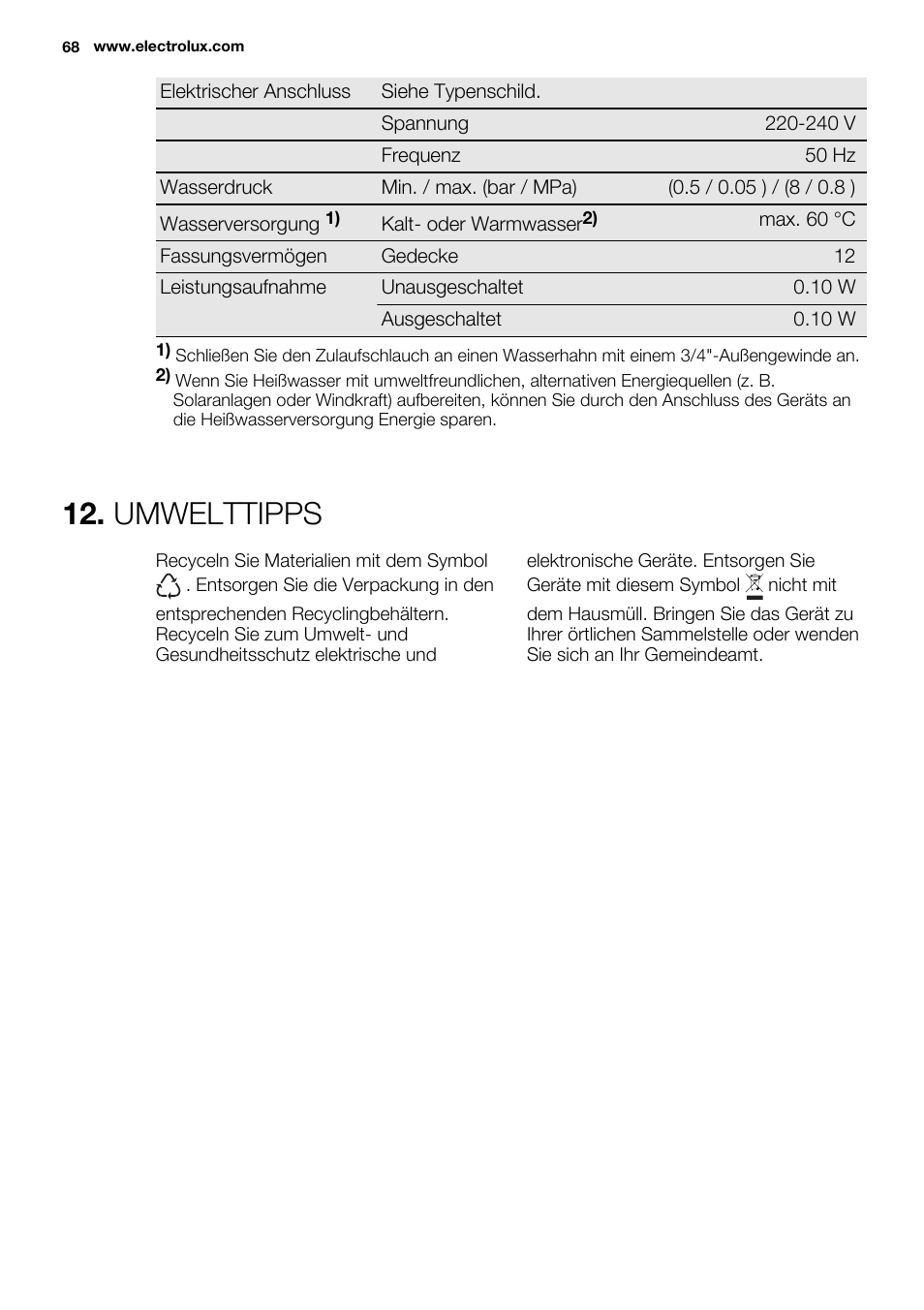 Umwelttipps | Electrolux ESL6391RA User Manual | Page 68 / 72