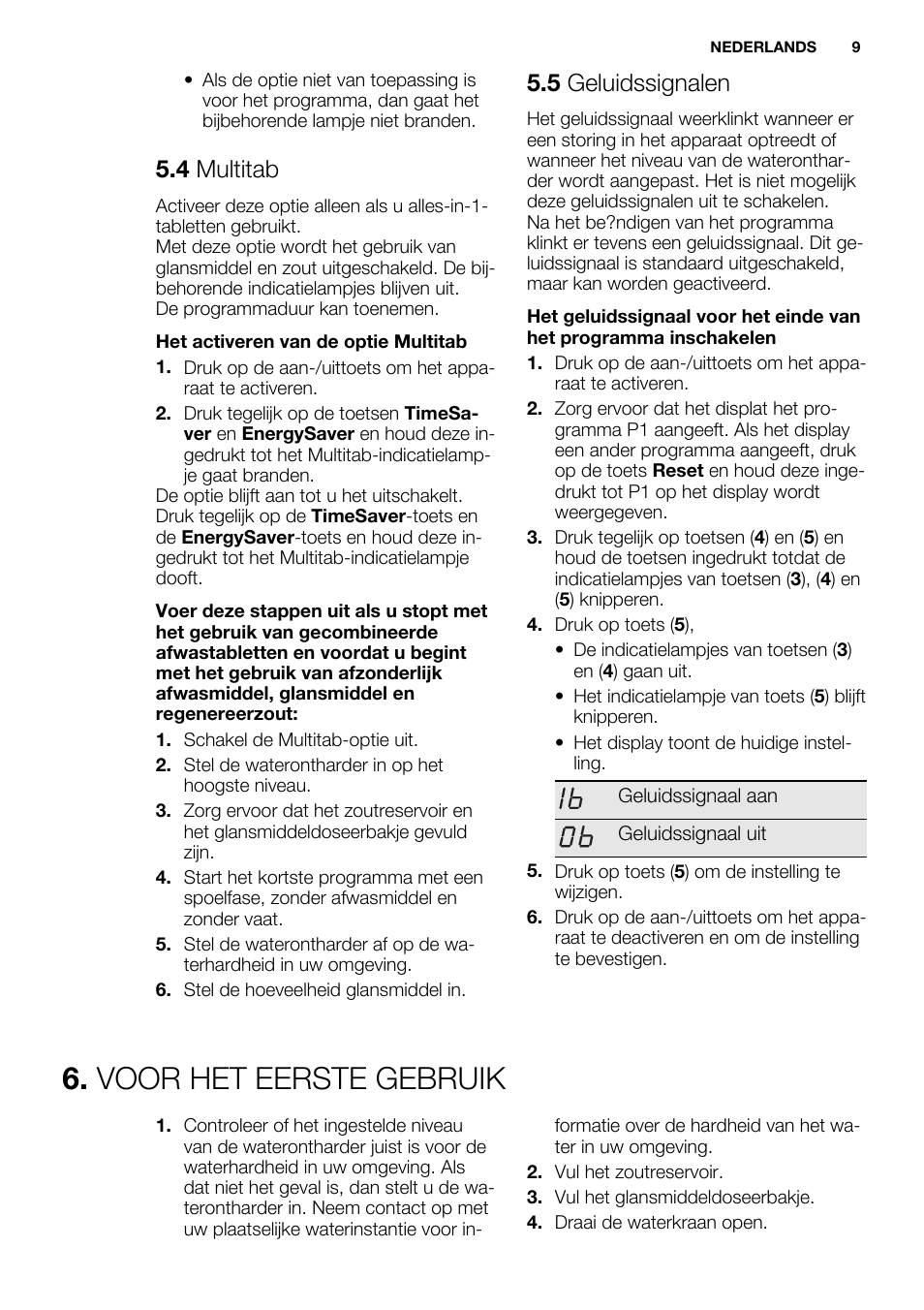 Voor het eerste gebruik, 4 multitab, 5 geluidssignalen | Electrolux ESL6391RA User Manual | Page 9 / 72