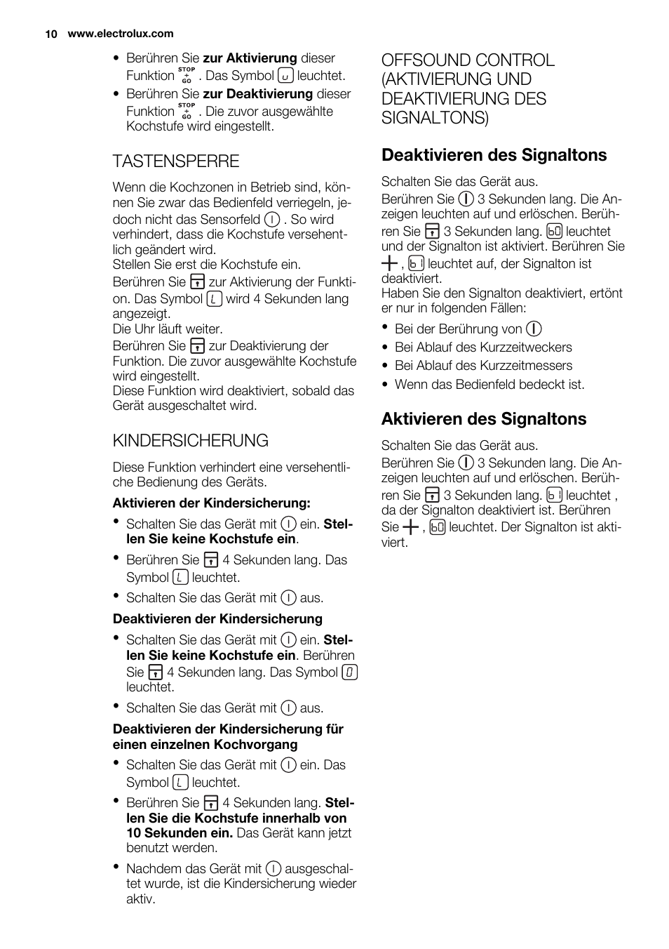 Tastensperre, Kindersicherung, Aktivieren des signaltons | Electrolux EHF6747FOK User Manual | Page 10 / 72