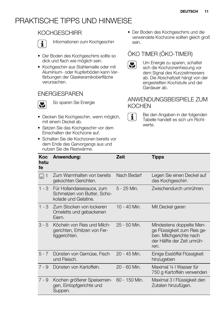 Praktische tipps und hinweise, Kochgeschirr, Energiesparen | Öko timer (öko-timer), Anwendungsbeispiele zum kochen | Electrolux EHF6747FOK User Manual | Page 11 / 72