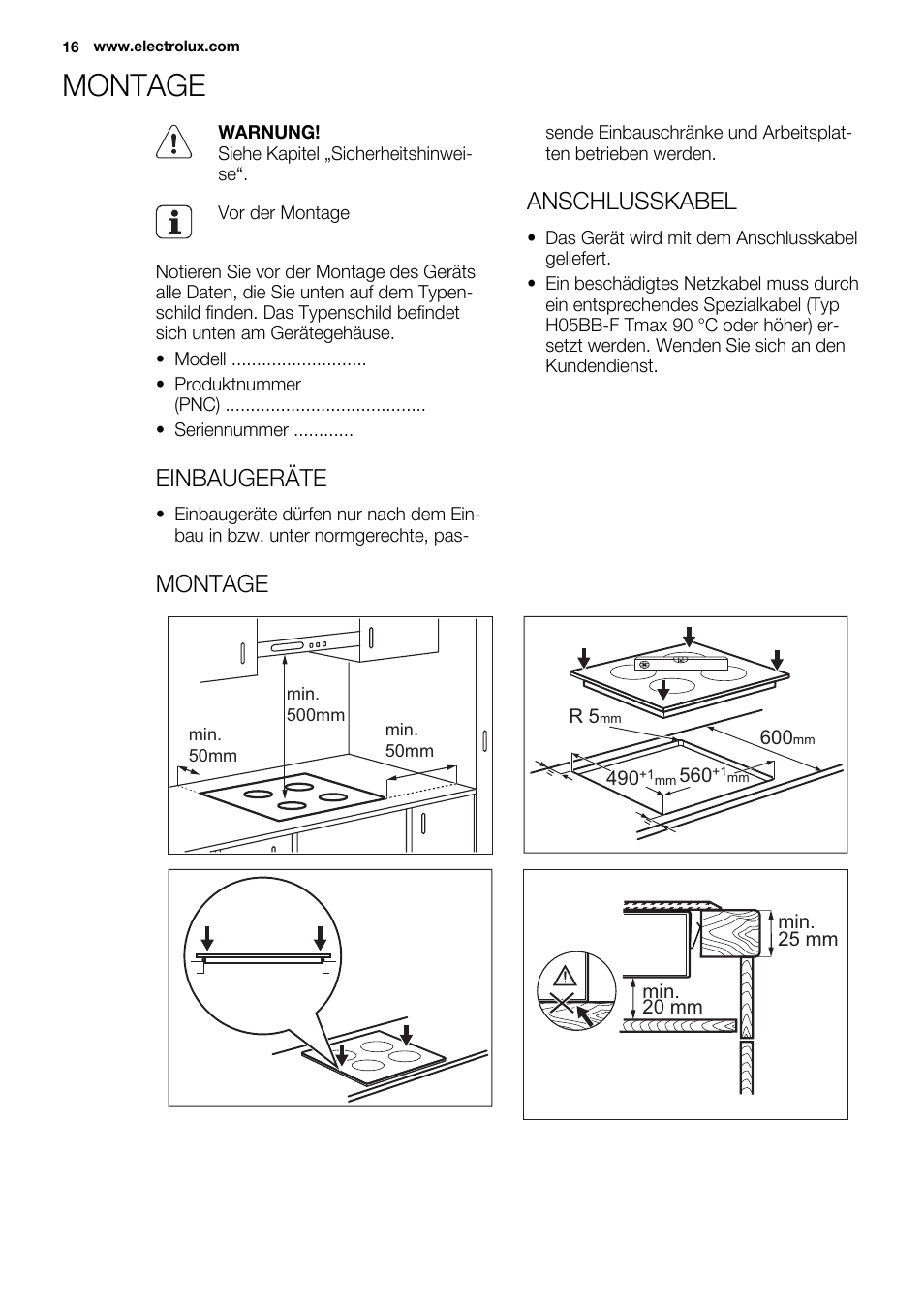 Montage, Einbaugeräte, Anschlusskabel | Electrolux EHF6747FOK User Manual | Page 16 / 72