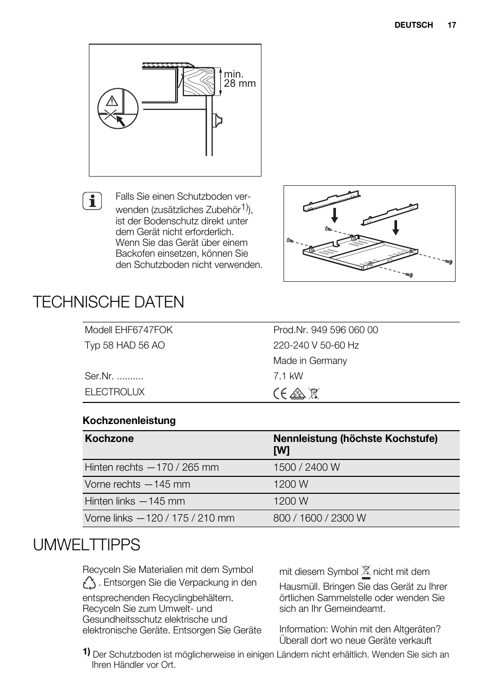 Technische daten, Umwelttipps | Electrolux EHF6747FOK User Manual | Page 17 / 72
