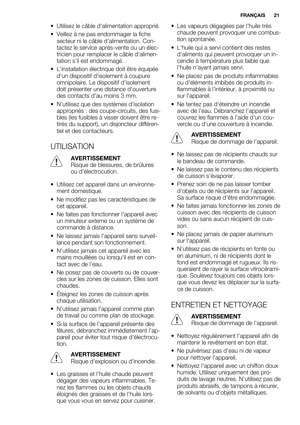 Utilisation, Entretien et nettoyage | Electrolux EHF6747FOK User Manual | Page 21 / 72