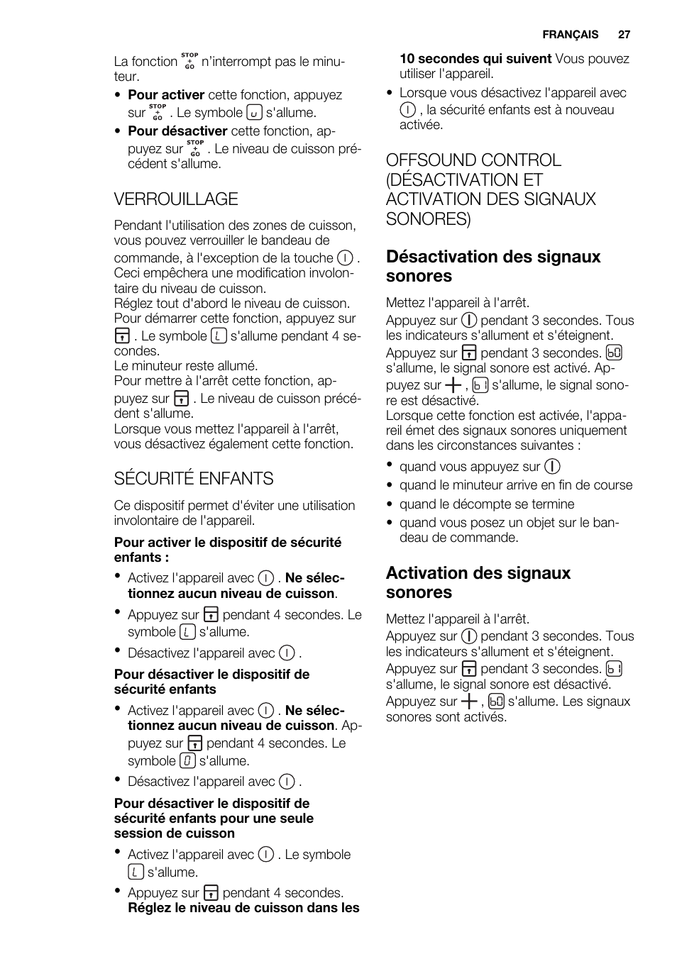 Verrouillage, Sécurité enfants, Activation des signaux sonores | Electrolux EHF6747FOK User Manual | Page 27 / 72