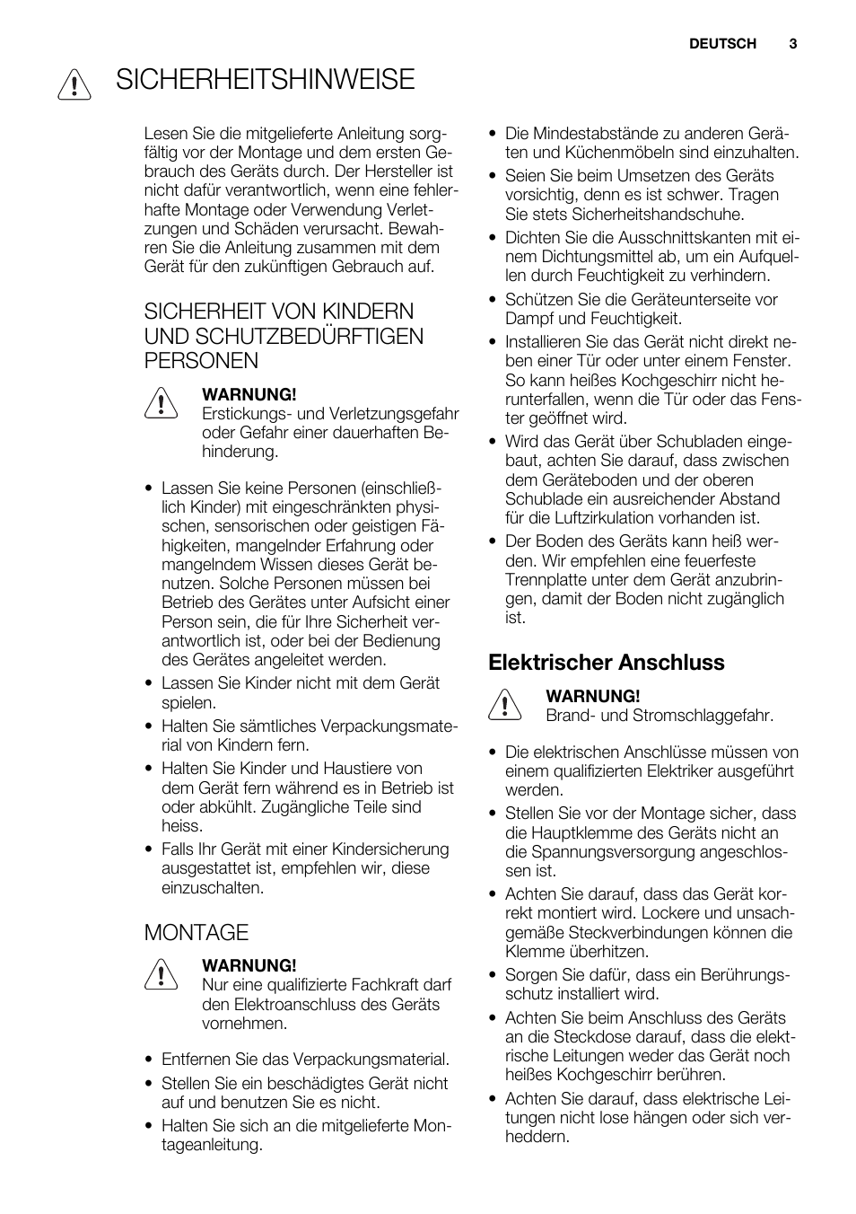 Sicherheitshinweise, Montage, Elektrischer anschluss | Electrolux EHF6747FOK User Manual | Page 3 / 72