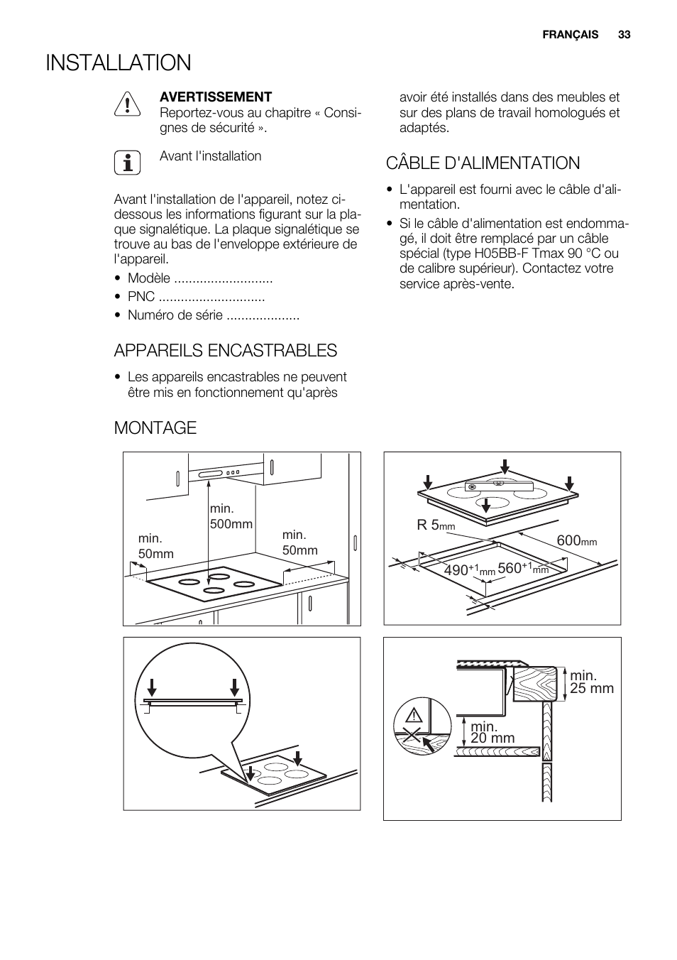 Installation, Appareils encastrables, Câble d'alimentation | Montage | Electrolux EHF6747FOK User Manual | Page 33 / 72