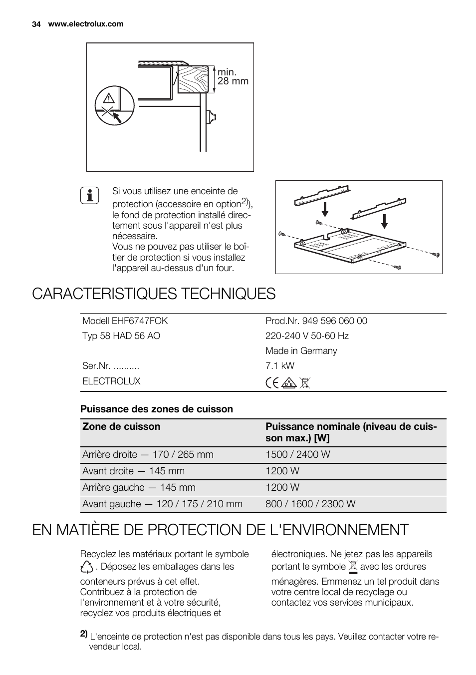 Caracteristiques techniques, En matière de protection de l'environnement | Electrolux EHF6747FOK User Manual | Page 34 / 72