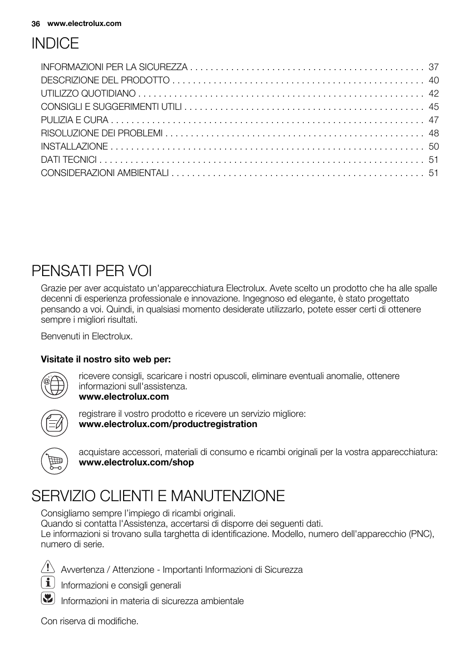 Indice, Pensati per voi, Servizio clienti e manutenzione | Electrolux EHF6747FOK User Manual | Page 36 / 72