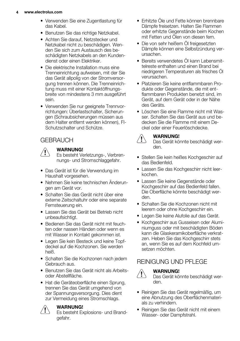 Gebrauch, Reinigung und pflege | Electrolux EHF6747FOK User Manual | Page 4 / 72