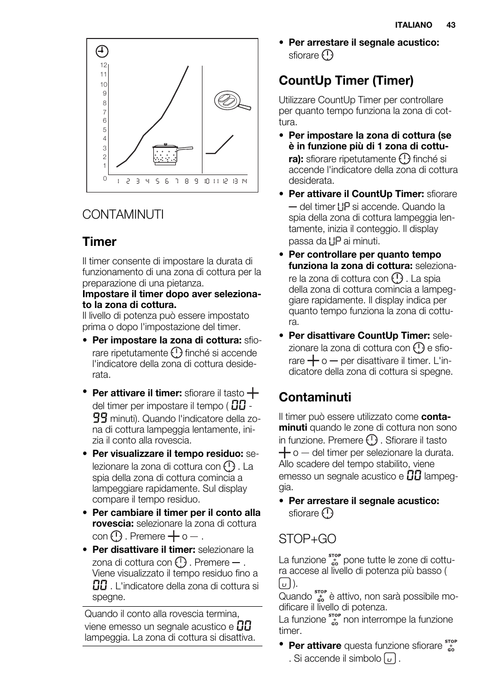 Contaminuti timer, Countup timer (timer), Contaminuti | Stop+go | Electrolux EHF6747FOK User Manual | Page 43 / 72