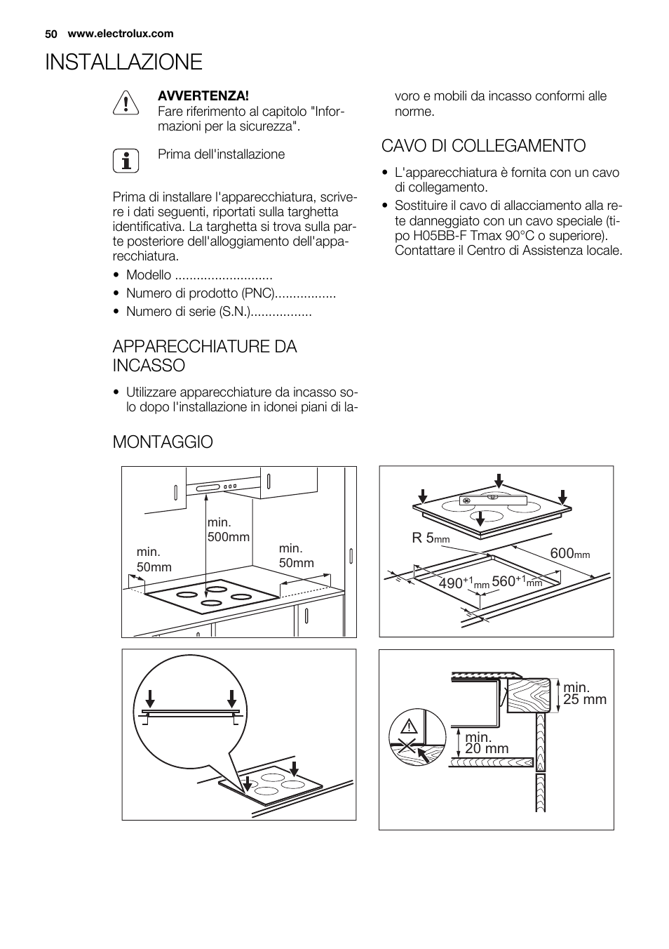 Installazione, Apparecchiature da incasso, Cavo di collegamento | Montaggio | Electrolux EHF6747FOK User Manual | Page 50 / 72