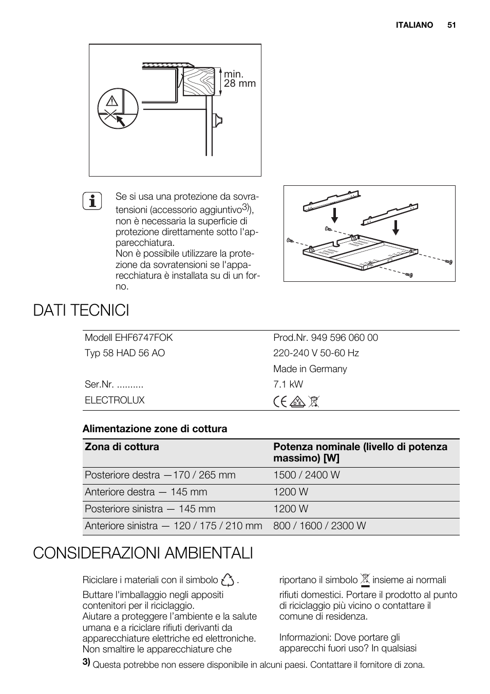 Dati tecnici, Considerazioni ambientali | Electrolux EHF6747FOK User Manual | Page 51 / 72