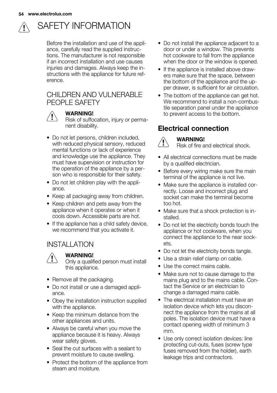 Safety information, Children and vulnerable people safety, Installation | Electrical connection | Electrolux EHF6747FOK User Manual | Page 54 / 72