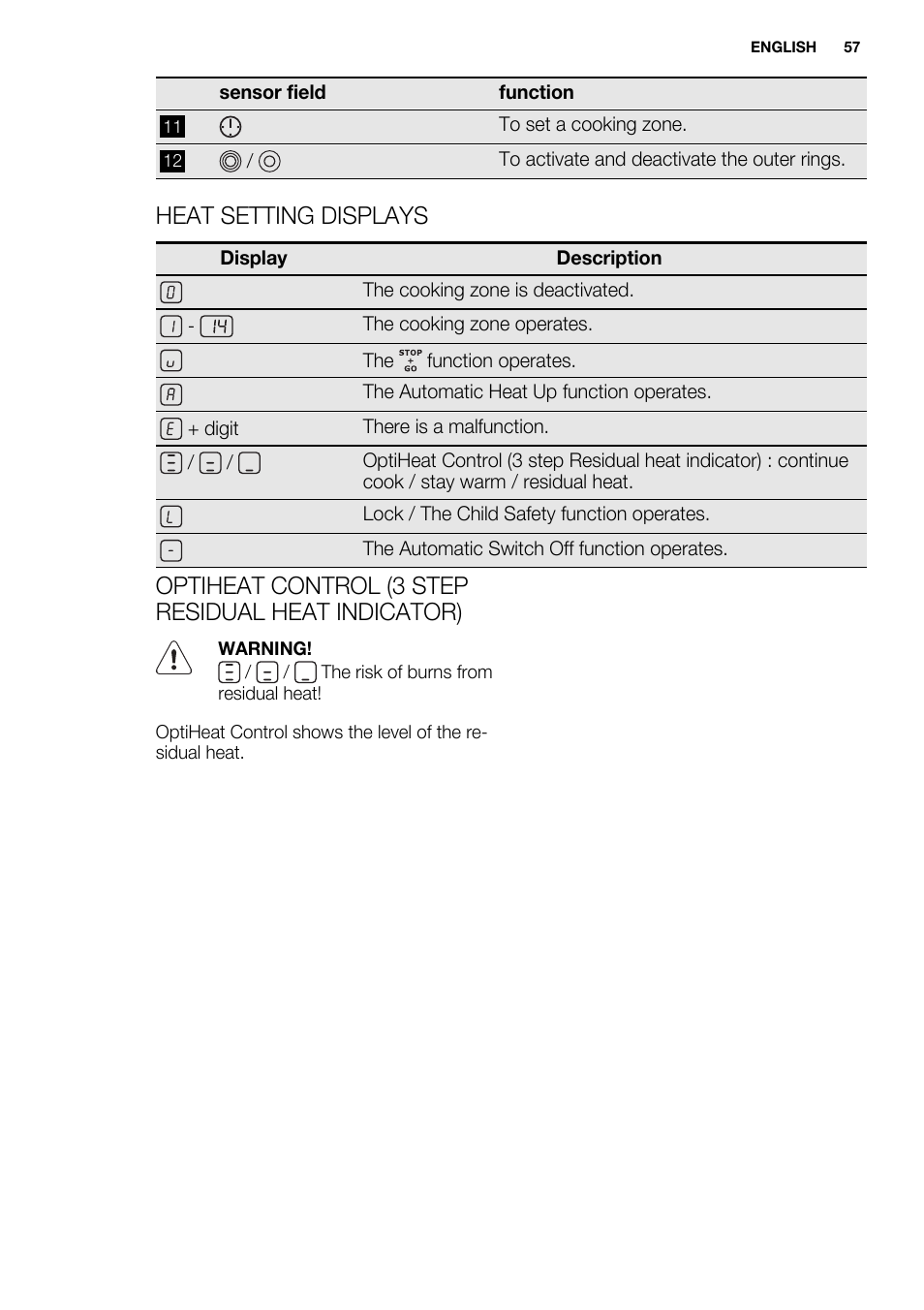 Heat setting displays, Optiheat control (3 step residual heat indicator) | Electrolux EHF6747FOK User Manual | Page 57 / 72