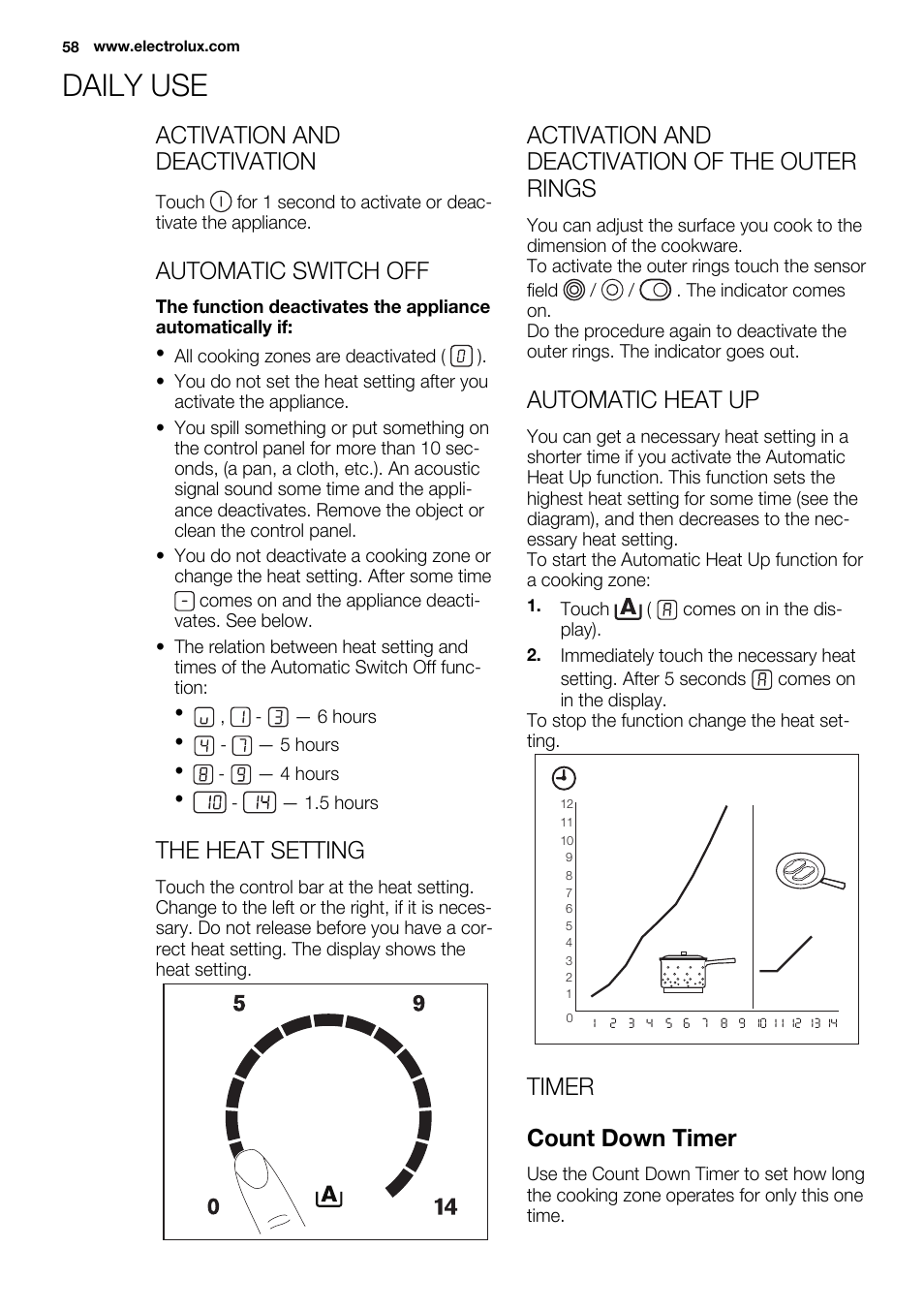 Daily use, Activation and deactivation, Automatic switch off | The heat setting, Activation and deactivation of the outer rings, Automatic heat up, Timer count down timer | Electrolux EHF6747FOK User Manual | Page 58 / 72