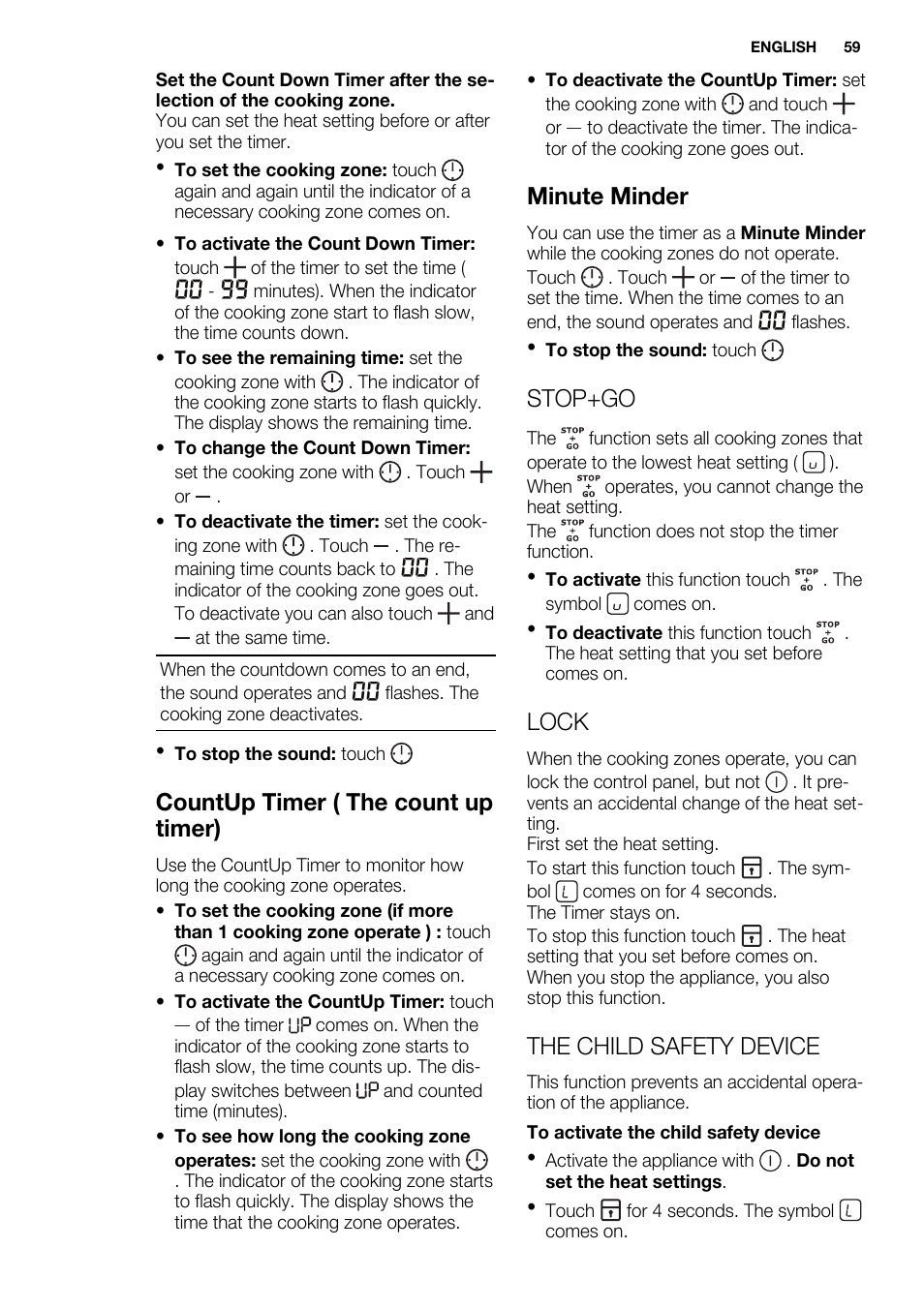 Countup timer ( the count up timer), Minute minder, Stop+go | Lock, The child safety device | Electrolux EHF6747FOK User Manual | Page 59 / 72