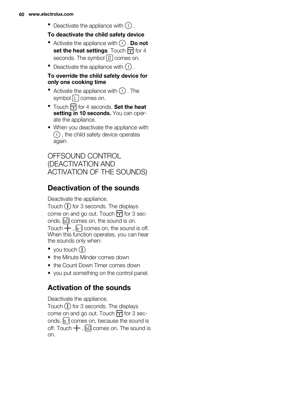 Activation of the sounds | Electrolux EHF6747FOK User Manual | Page 60 / 72