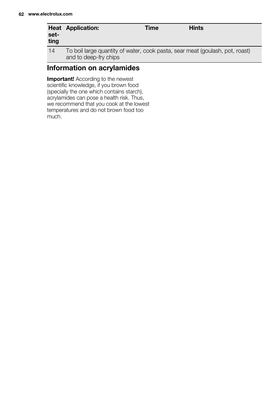 Information on acrylamides | Electrolux EHF6747FOK User Manual | Page 62 / 72