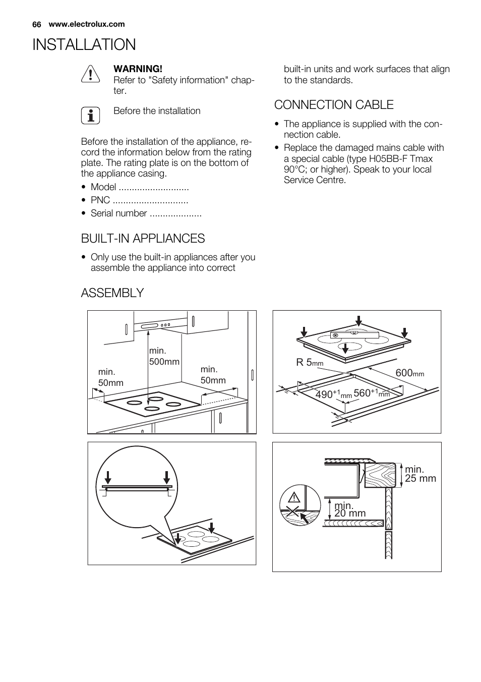 Installation, Built-in appliances, Connection cable | Assembly | Electrolux EHF6747FOK User Manual | Page 66 / 72