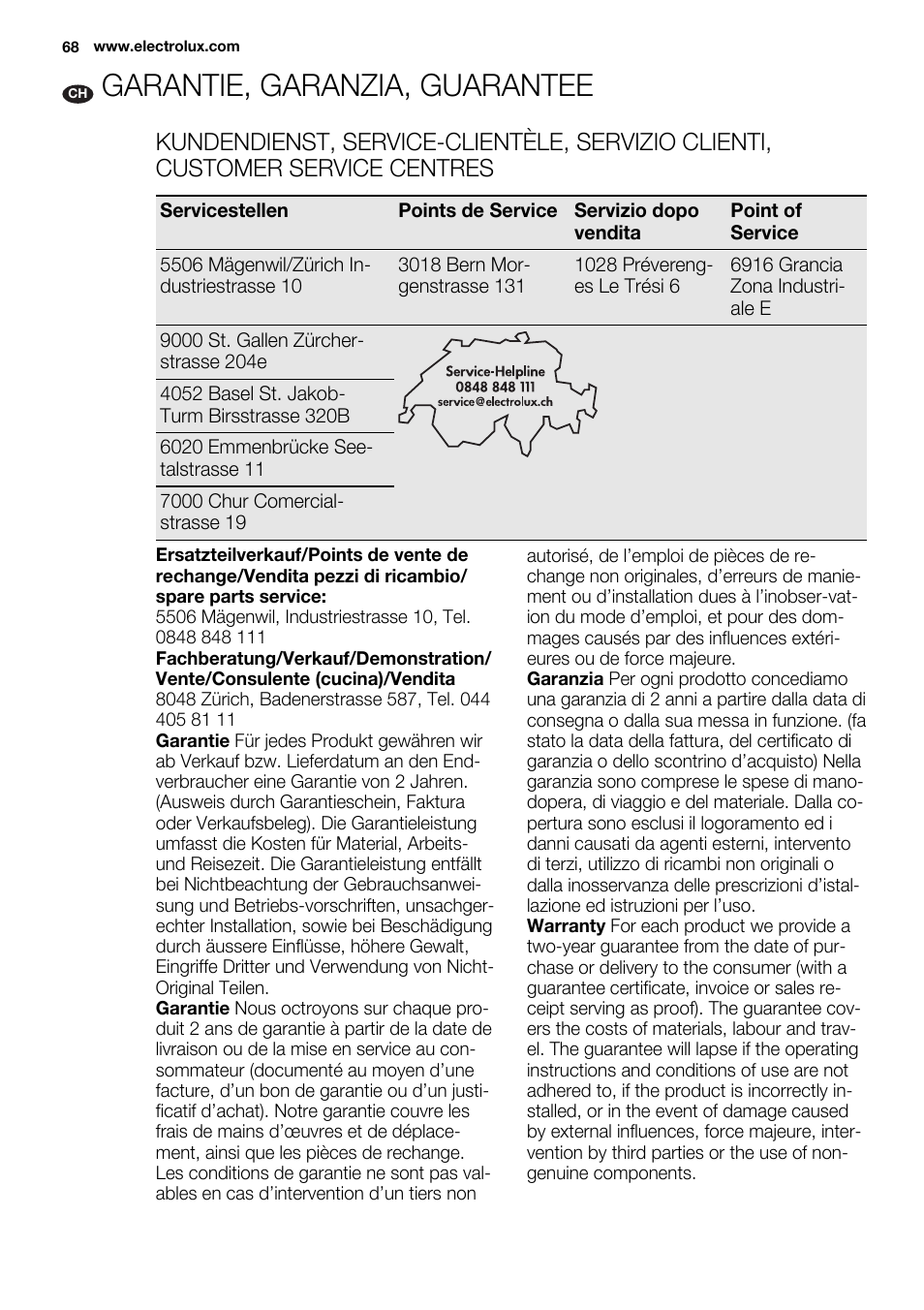 Garantie, garanzia, guarantee | Electrolux EHF6747FOK User Manual | Page 68 / 72