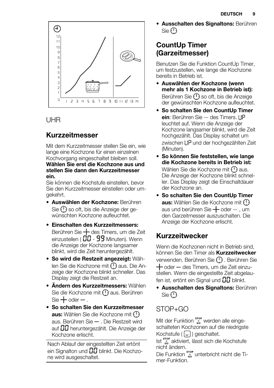 Uhr kurzzeitmesser, Countup timer (garzeitmesser), Kurzzeitwecker | Stop+go | Electrolux EHF6747FOK User Manual | Page 9 / 72