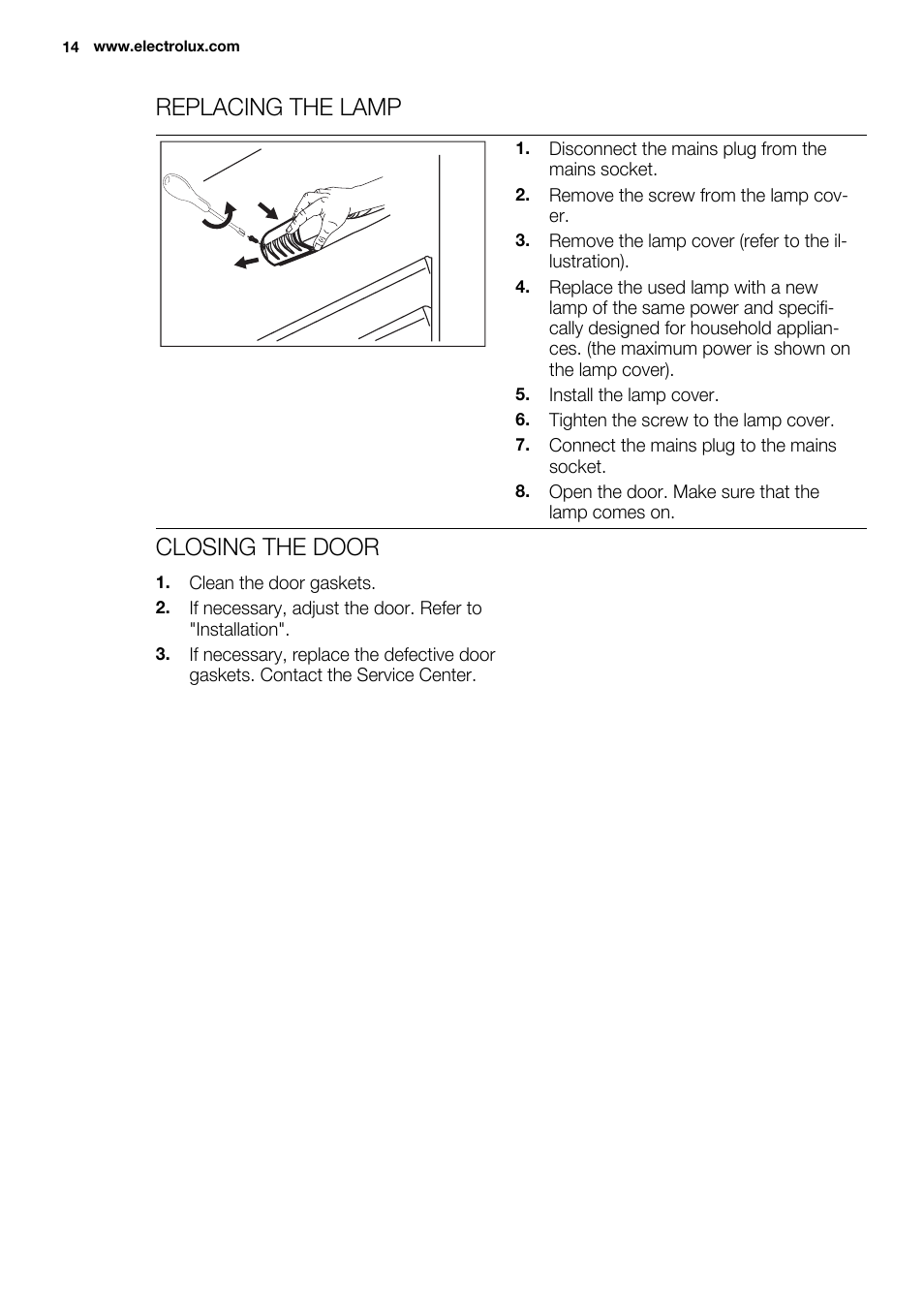 Replacing the lamp, Closing the door | Electrolux ENN2900AOW User Manual | Page 14 / 100
