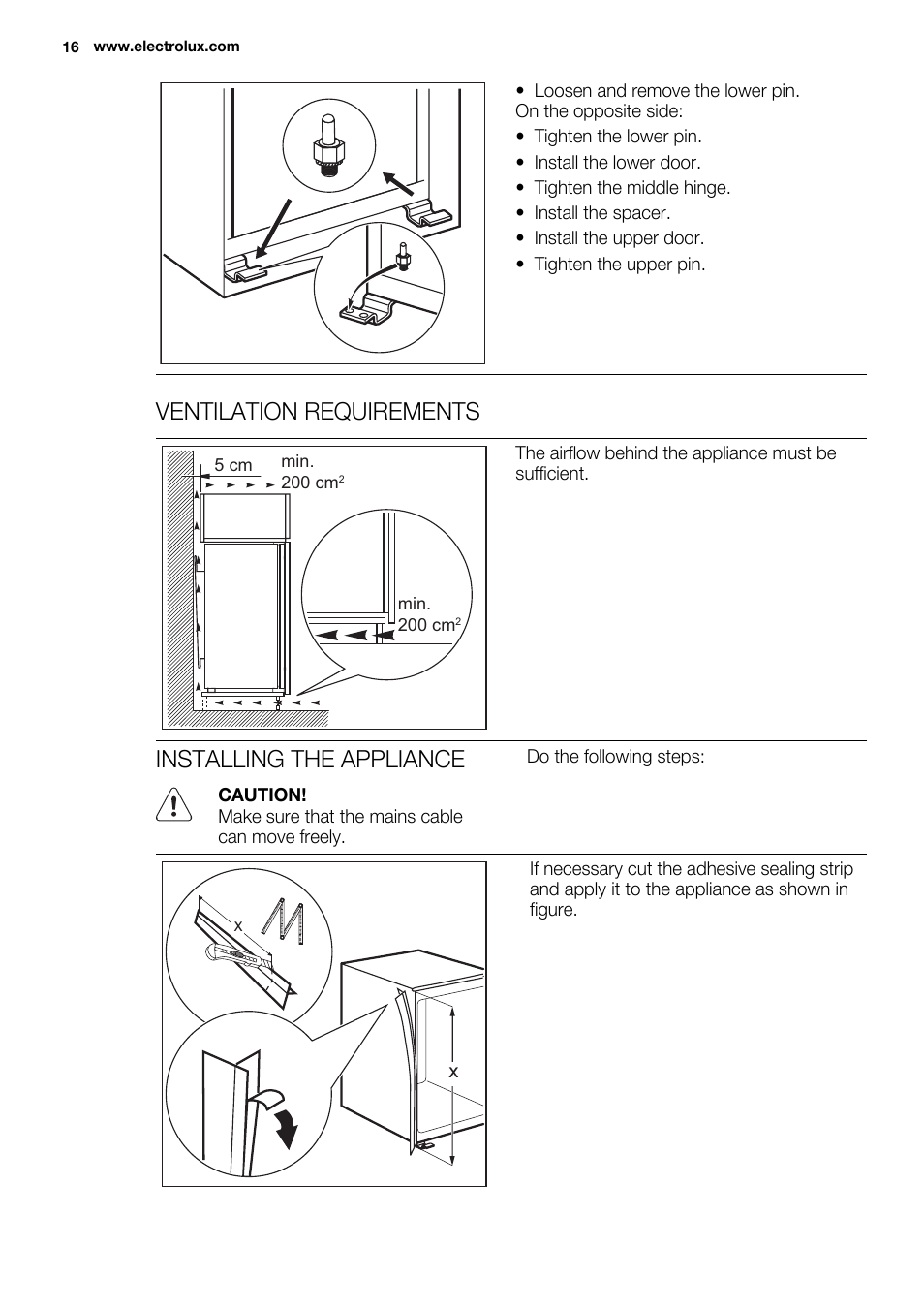 Ventilation requirements, Installing the appliance | Electrolux ENN2900AOW User Manual | Page 16 / 100