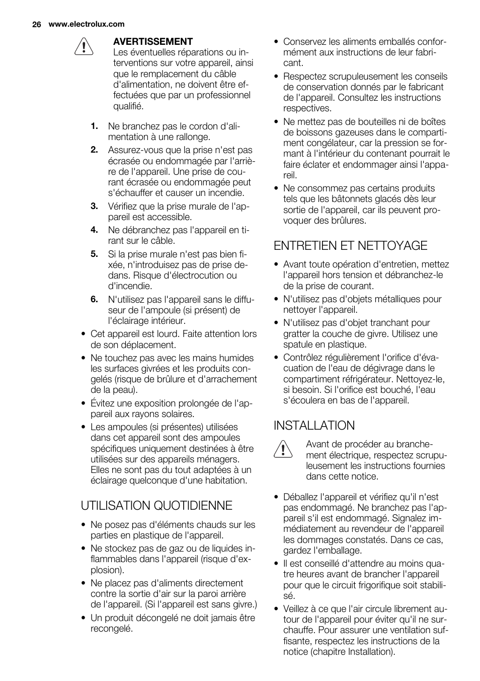 Utilisation quotidienne, Entretien et nettoyage, Installation | Electrolux ENN2900AOW User Manual | Page 26 / 100