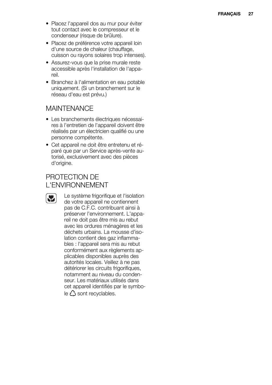 Maintenance, Protection de l'environnement | Electrolux ENN2900AOW User Manual | Page 27 / 100
