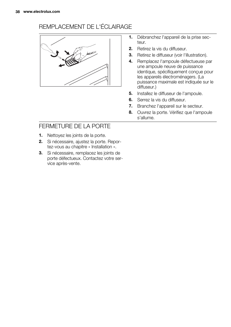 Remplacement de l'éclairage, Fermeture de la porte | Electrolux ENN2900AOW User Manual | Page 38 / 100