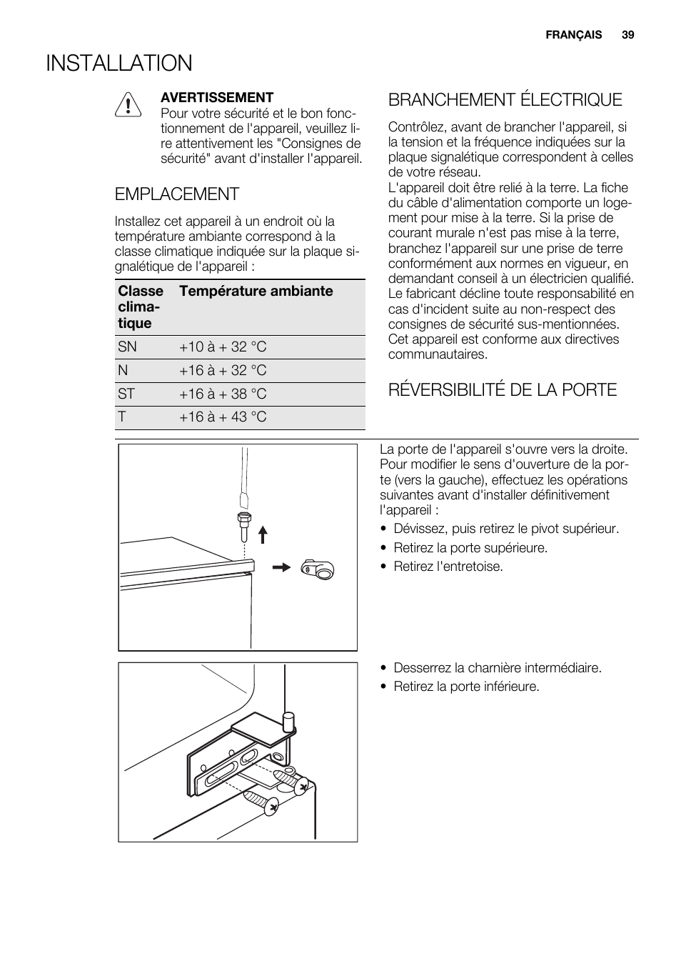 Installation, Emplacement, Branchement électrique | Réversibilité de la porte | Electrolux ENN2900AOW User Manual | Page 39 / 100