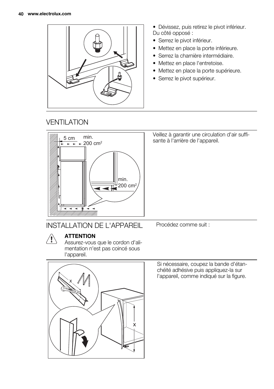 Ventilation, Installation de l'appareil | Electrolux ENN2900AOW User Manual | Page 40 / 100