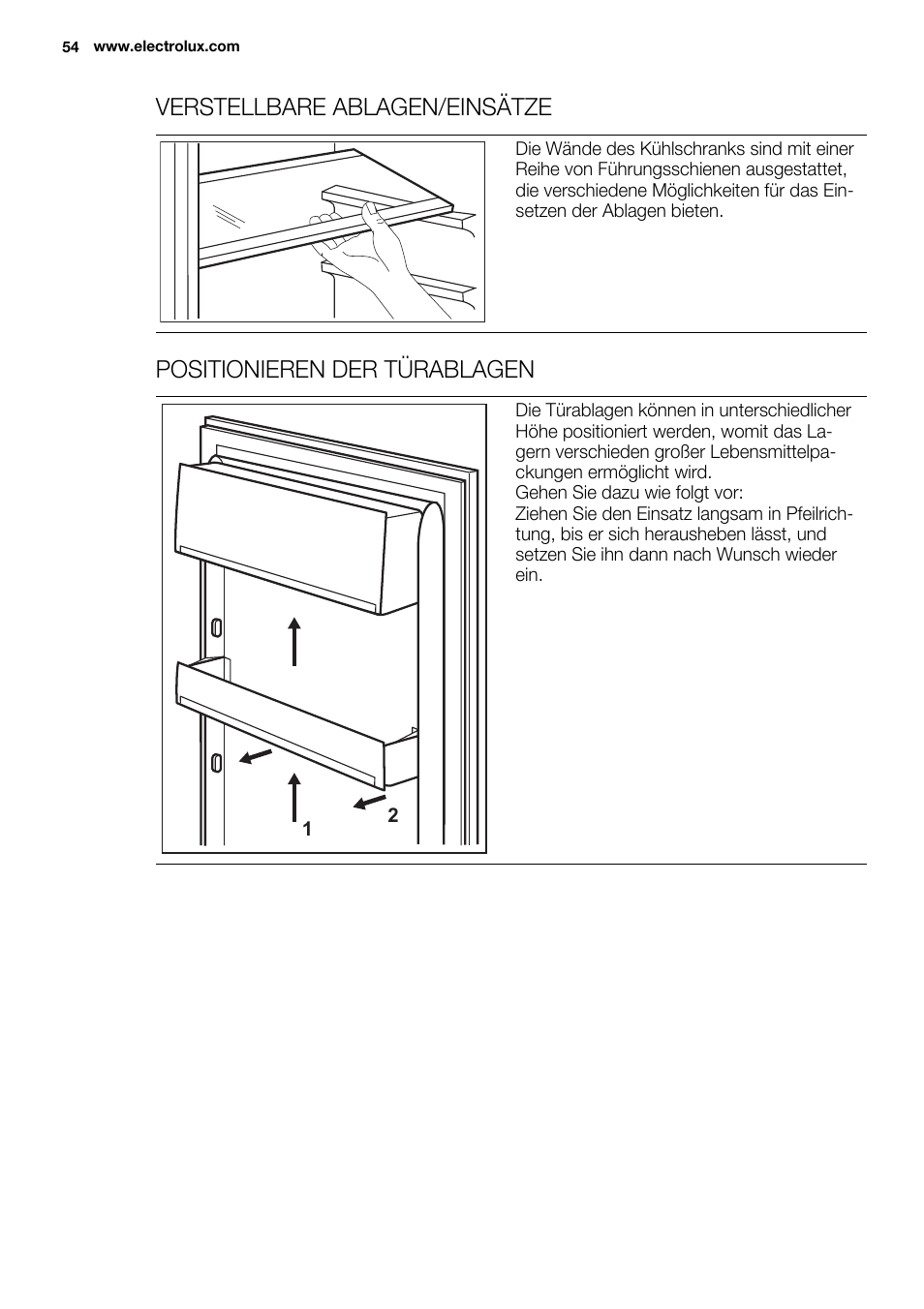Verstellbare ablagen/einsätze, Positionieren der türablagen | Electrolux ENN2900AOW User Manual | Page 54 / 100